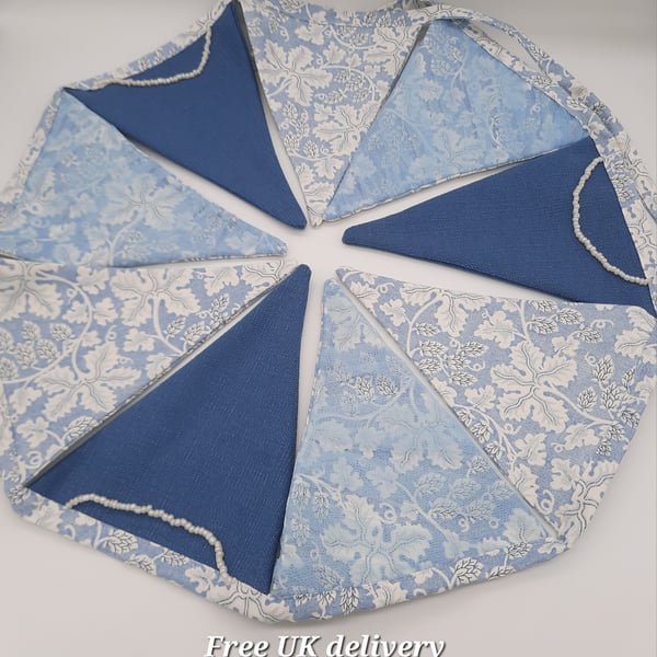 Blue theme bunting, 9 large contrasting pendants, tulle and beads.