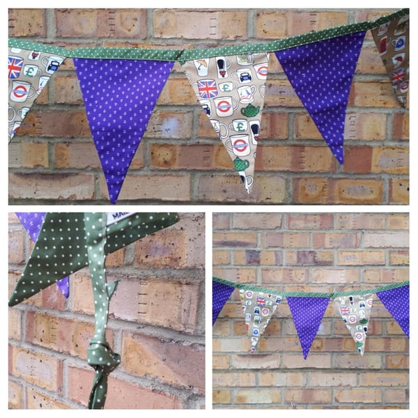 Bunting in London theme, purple and green polkadot fabric.