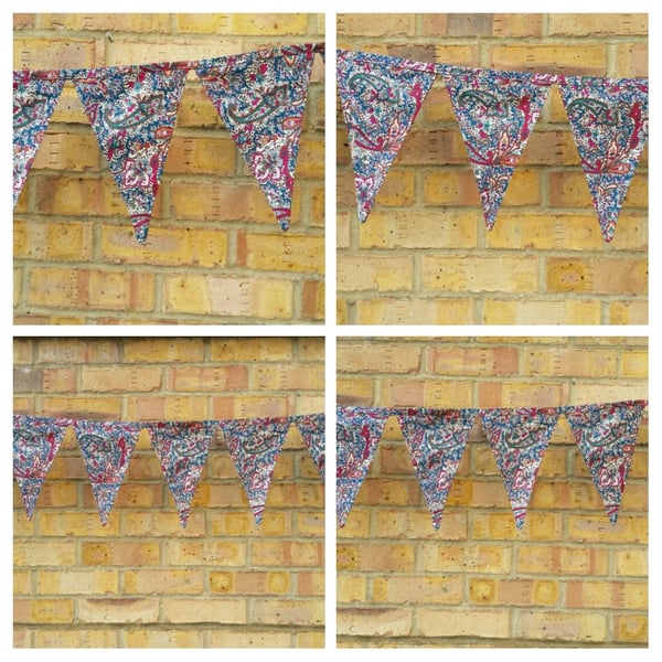 Bunting in teal fabric, 9 triangles.