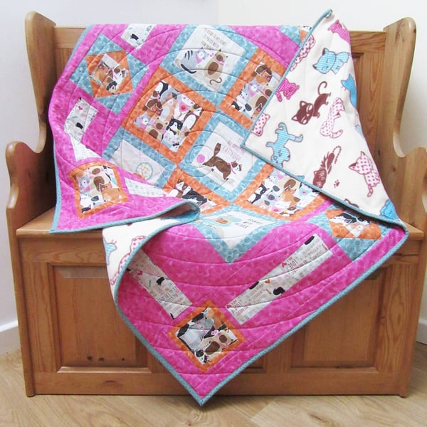 Crazy About Cats Fleece Backed Patchwork Quilt