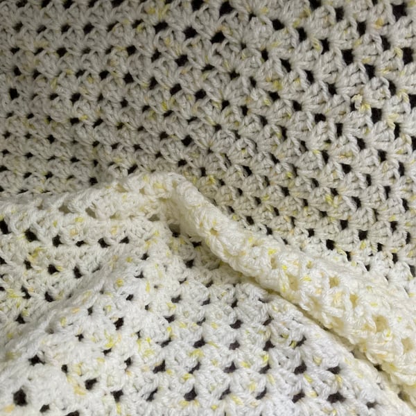 Crochet Baby Blanket Christening Gift Lemon & White Pastel