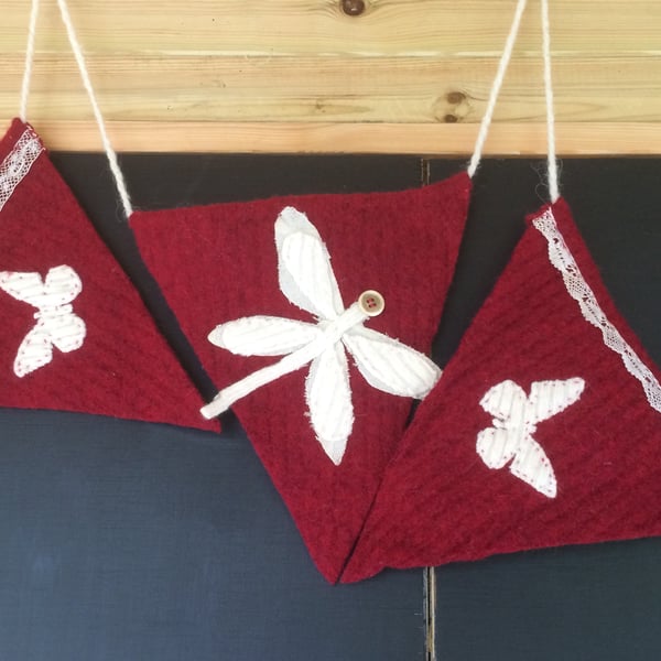 Red Wool Bunting with applique flowers & butterflies