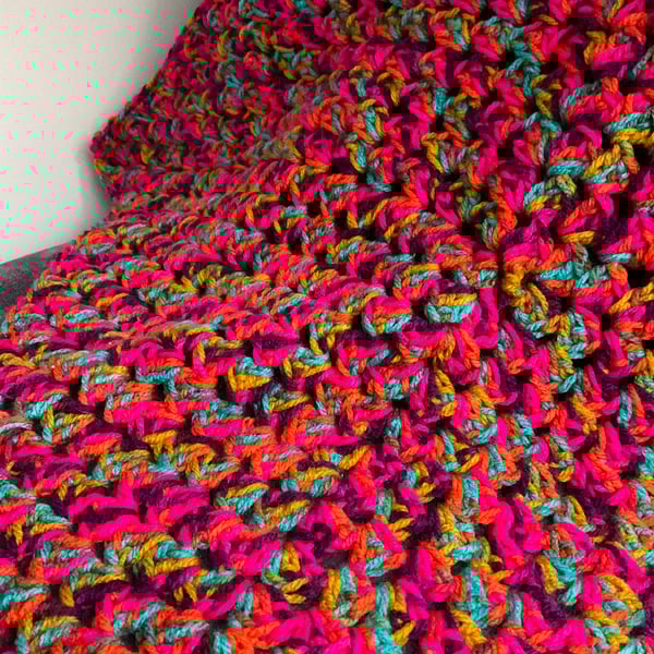 Small Crochet Blanket in Bright Psychedelic Cerise Pink Colours