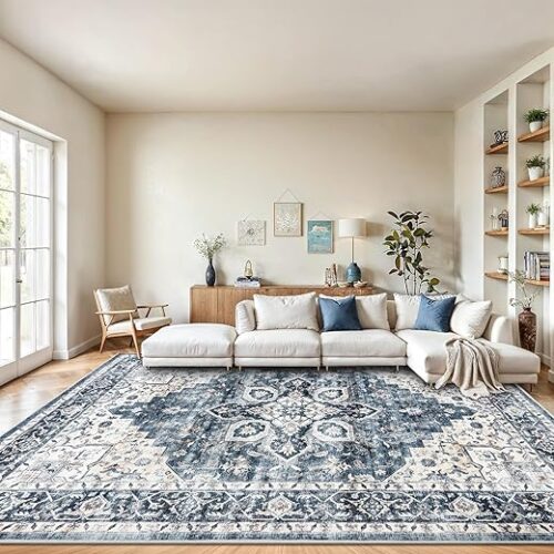 AMADA HOMEFURNISHING 8x10 Washable Area Rug, Low-Profile Large Area Rug with Non-Slip Backing & Durable Edge Binding, Vintage Large Rugs for Living...