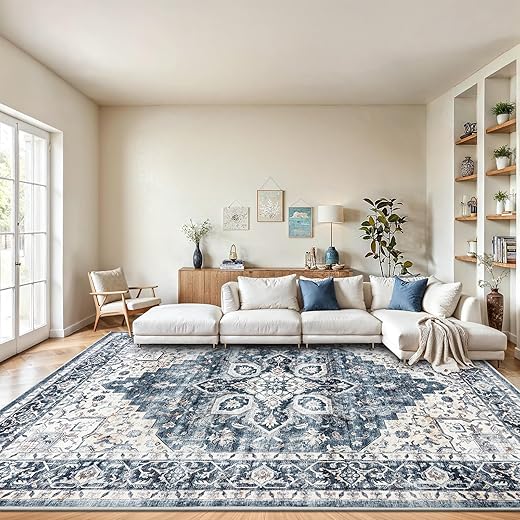 AMADA HOMEFURNISHING 8x10 Washable Area Rug, Low-Profile Large Area Rug with Non-Slip Backing & Durable Edge Binding, Vintage Large Rugs for Living...