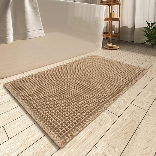 AMOAMI Upgraded Waffle Bath Mat, Super Absorbent Non Slip Bath Mats for Bathroom Floor, Machine Washable Bathroom Rugs with Tassels, Rubber Backed...