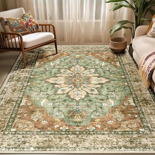 Area Rugs 5'x7' Washable Non-Slip, Floral Vintage Distress Print Pattern Medallion Carpet for Living Room Bedroom Dining Room, Brick Red Rust...