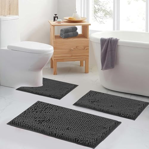 Bathroom Rugs Set Non Slip 3 Piece Bath Mat Washable Chenille Bath Rugs with PVC Backing Bath Carpet,Absorbent Bathroom Mats with Toilet Rug,Bath...