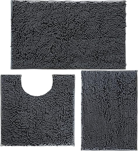 Bathroom Rugs Set Non Slip 3 Piece Bath Mat Washable Chenille Bath Rugs with PVC Backing Bath Carpet,Absorbent Bathroom Mats with Toilet Rug,Bath...