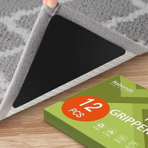 Rabenda 12 Pcs Rug Tape, Non Slip Rug Pads Grippers for Hardwood Floors and Tiles, Reusable Carpet Tape for Area Rugs, Double-Sided Adhesive Rug...