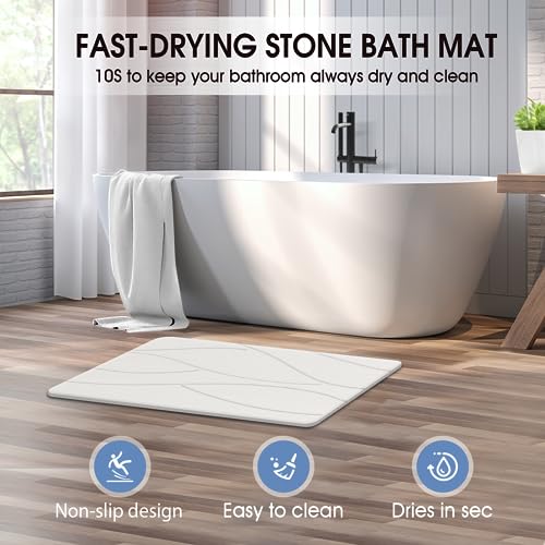 Stone Bath Mat Diatomaceous Earth Shower Mat Non-Slip Super Absorbent Diatomite Stone Bath Mats for Bathroom Floor Quick Drying Natural Easy to...